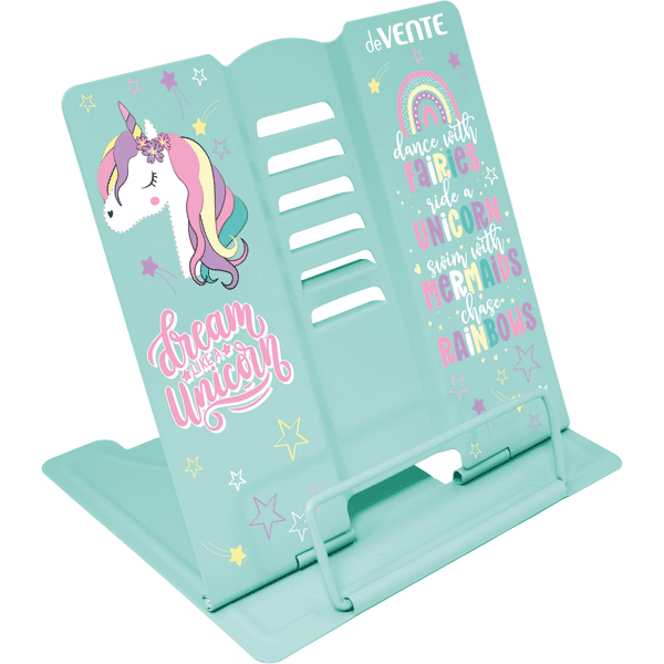 Подставка для учебников и книг "deVENTE. Unicorn" 15,4x15,2 см, металлическая окрашенная, вес 235 г, с противоскользящими ножками, синяя, с полноцветным рисунком, в пластиковом пакете с европодвесом
